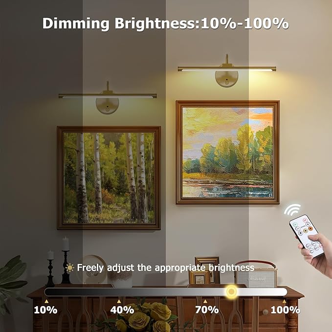 Picture Lights for Wall – Wireless Rechargeable LED Light with Remote, Adjustable Arm, Gold Battery Operated Display Lighting for Paintings, Bedroom, Gallery Wall Décor (Gold, 12.6 inch - 2Pack)