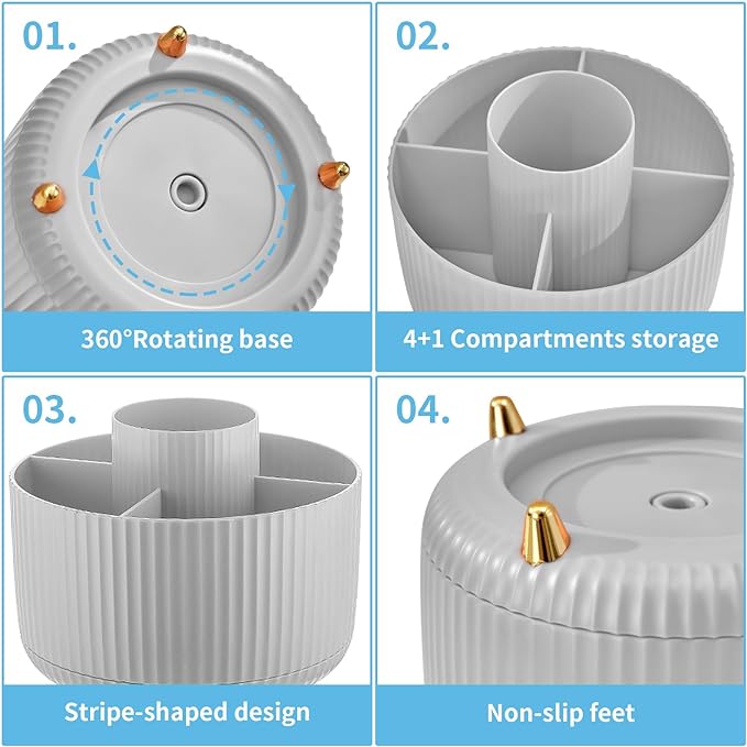 Marbrasse Desk Organizer, 360-Degree Rotating Pen Holder, Desk Organizers and Accessories with 5 Compartments Pencil Holder, Art Supply Storage Box Caddy for Office, Home (Grey)