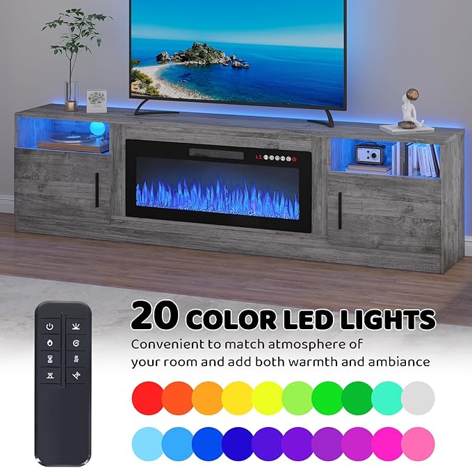 Lemberi Fireplace tv Stand with 36 inch Fireplace Up to 90" TVs, LED Light Entertainment Center and Storage, 80" Modern Wood Media TV Console with Highlight Cabinet for Living Room (Gray)