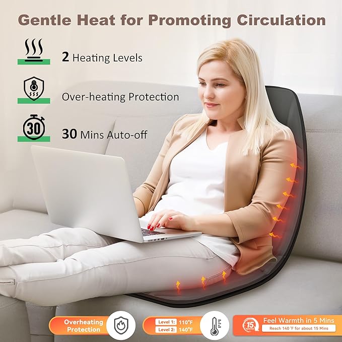 Vibration Back Massager with Heat, Massage Chair Pad with 10 Vibration Motors & 2 Heating Levels, Chair Massager for Recliner, Office Chair, Sofa