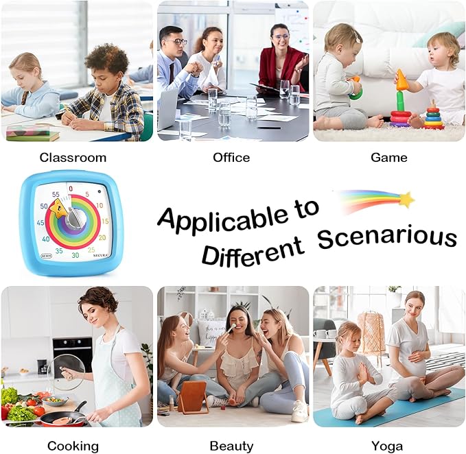 Secura 60-Minute Visual Timer, Silent Study Timer for Kids and Adults, Time Clocks, Time Management Countdown Timer for Teaching (Blue & Star)