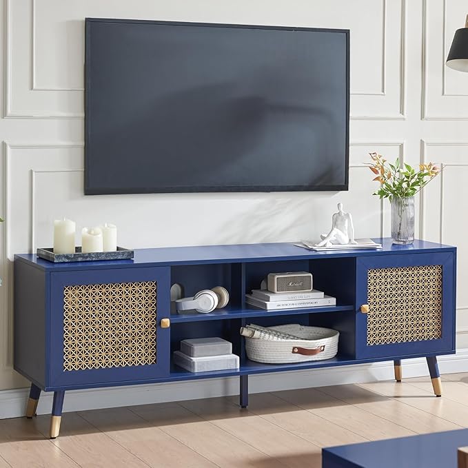 Luxury Blue TV Stand for 70 Inches TVs, Modern Fluted Entertainment Center with Storage Cabinet and Shelves, TV & Media Console with Gold Metal Mesh Doors for Living Room 66"