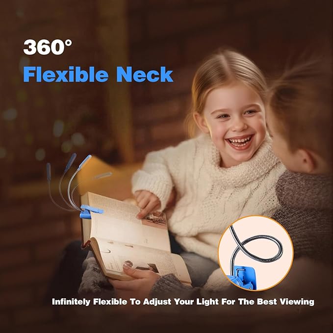 VAVOFO Rechargeable Book Light for Reading in Bed Kids, 7 LED Reading Light with 9-Level Warm Cool White Daylight, Eye Care Lamp with Power Indicator for Bookworms (Blue Lotus)