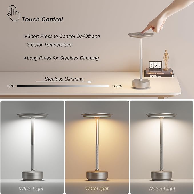 Rechargeable Cordless Table Lamps, Portable 5000mAh Battery Table Light, 3 Color Stepless Dimming LED Table Light with Memory Function, for Outdoor/Dinner/Patio/Restaurant.(Silver)