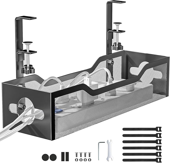 Under Desk Cable Management Tray Black, Litwaro Cable Management Under Desk No Drill, Cable Organizer with Clamp for Wire Management, Cord Organizer No Damage to Desk for Office, Home