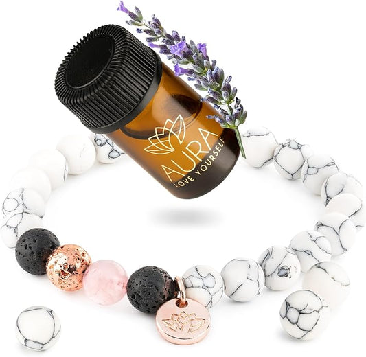 Lava Rock Beaded Diffuser Bracelet for Women with Lavender Essential Oil, 18K Gold-Plated Charm Soothing Crystal Beads Boho Stretch Bracelet for Aromatherapy, Birthday and Valentine’s Day Gift for Her