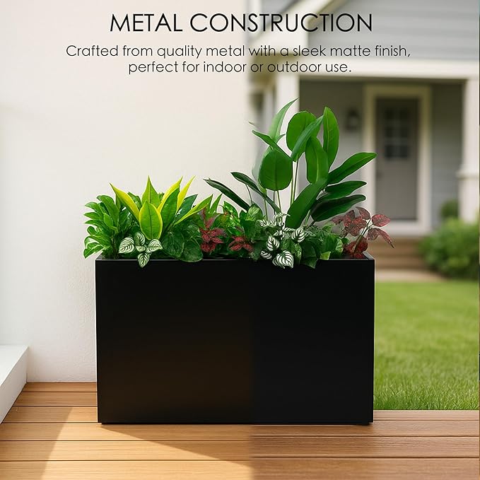 Kozyard 30”Lx12”Wx24”H Metal Planter Box Indoor Outdoor Rectangular Planter All-Weather with Drainage Holes Removable Grow Liner for Plants Flowers Shrubs