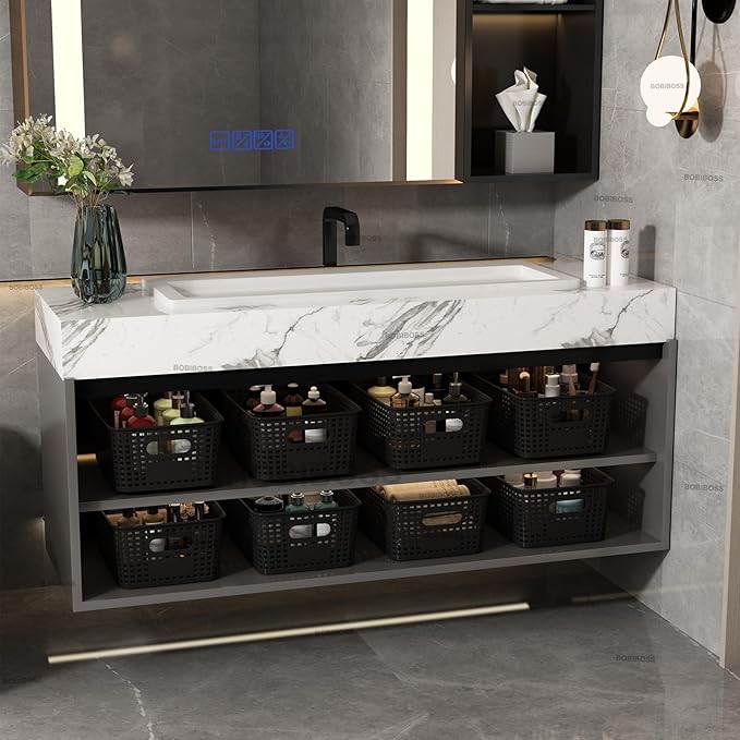 Black Plastic Storage Baskets with Lids 10 Pack Stackable Storage Bins Containers for Shelves Organizing, Cute Decorative Storage Boxes for Classroom, Playroom, Closet, Pantry