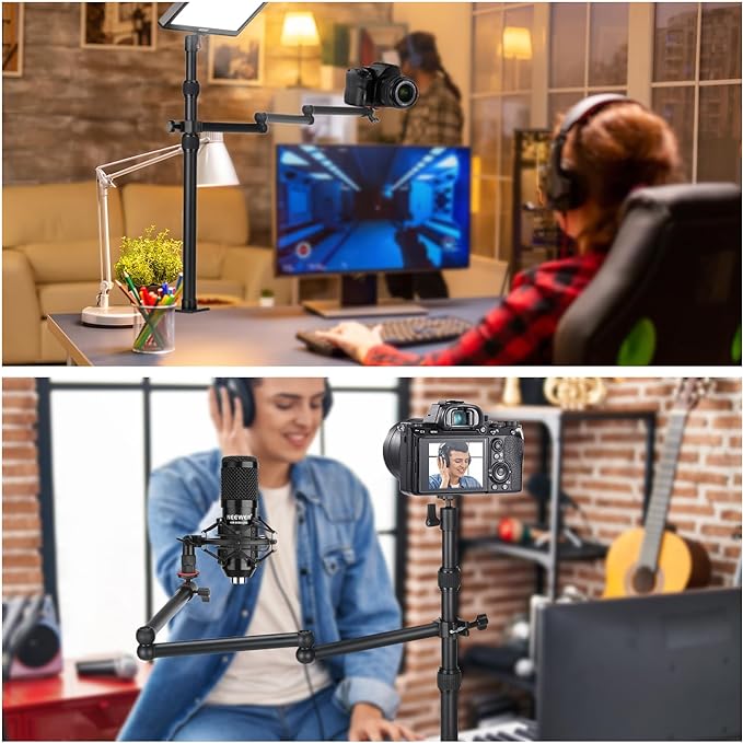 NEEWER Upgraded Overhead Camera Rig with Trifold Camera Boom Arm (Max Load 2lb), 47"/1.2m Telescopic Desk Mount Stand (Max Load 8.8lb) with Phone Clamp Ball Head for LED Light Webcam Mic, TL253A+MH022
