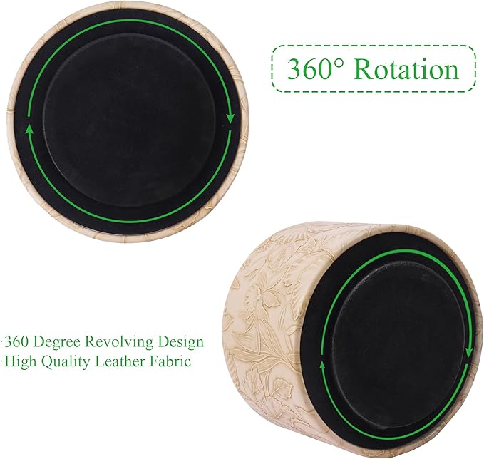 Hennaja Round Leather Art Supply Organizer,Remote Control Holder,360 Degree Spinning,Multi-Functional Pencil Holder,4 Compartments Desktop Stationary Organizer(1-Carved Light Brown)