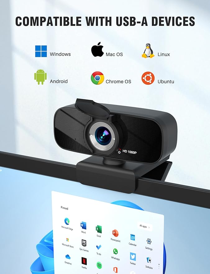RUWBY Full HD 1080P Webcam with Microphone and Rotatable Tripod, Light Correction, Wide Angle and Plug and Play Video Camera for Desktop PC or Laptop
