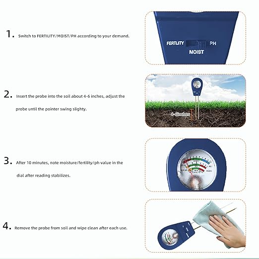 3-in-1 Soil Tester Soil Moisture Meter, pH Tester & Fertility Sensor for Garden Plant Care Sensor for Indoor Outdoor Lawn Farm Use | No Battery Needed | Instant Plug & Read (Blue)
