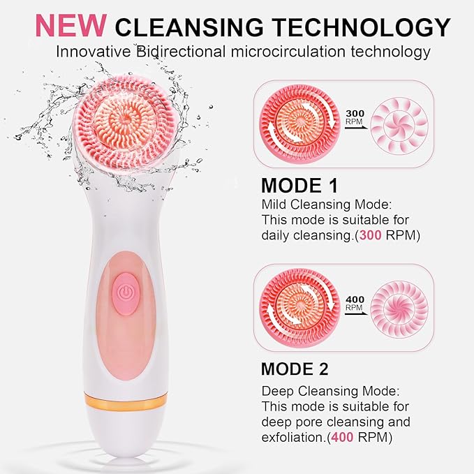 Facial Cleansing Brush, Waterproof Dual-Rotation Face Scrubber Exfoliator with 3 Brush Heads and 2 Adjustable Speeds, Rechargeable Exfoliating Face Brushes for Cleansing and Skin Care (Pink)