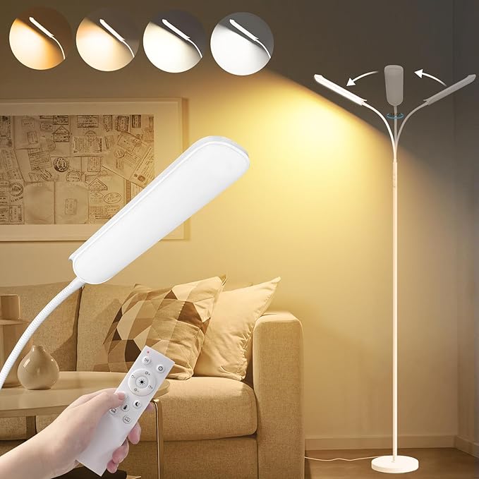 White Floor Lamp, 18W 1800LM Bright LED Floor Lamps for Living Room Bedroom, Dimmable Timing Eye Caring Reading Standing Lamp with Remote & Works with Smart Plug