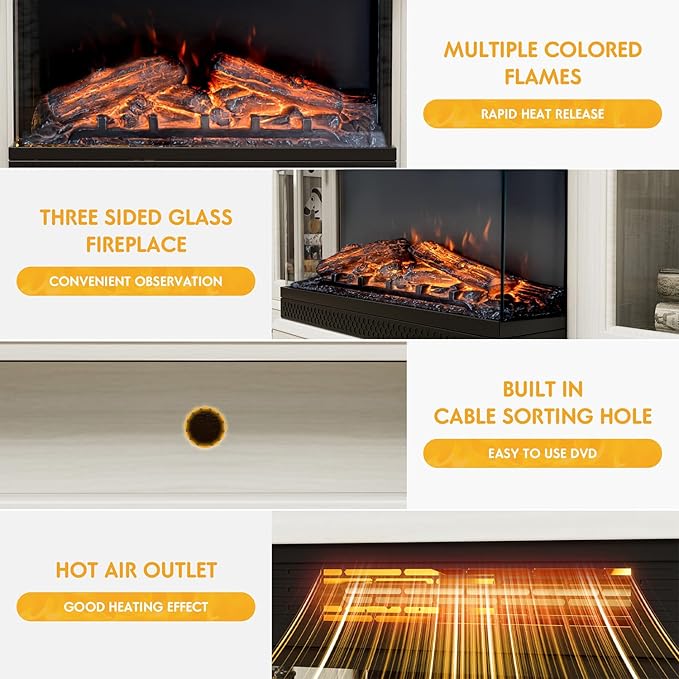 JUMMICO Fireplace TV Stand for TVs up to 65'', 3-Sided Glass Media Entertainment Center Console Table with Cabniet Storage Adjustable Flame LED Color for Living Room (Distressed White)