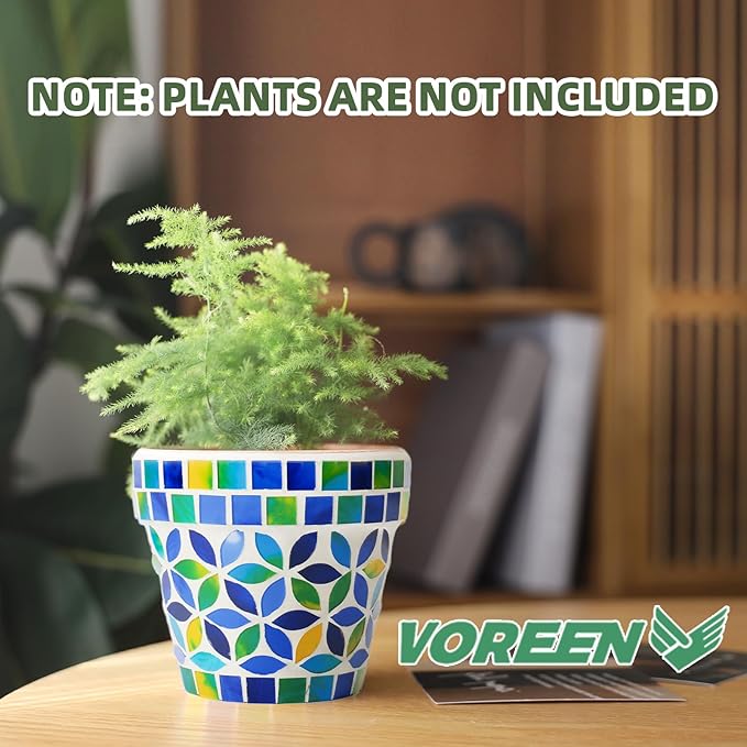 VOREEN 4.2 Inch Mosaic Terracotta Plant Pot, Handmade Flower Pots with Drainage, Handmade Indoor/Outdoor Decorative Planter for Succulents, Home & Garden Decor, Gift for Mom Wife Friend