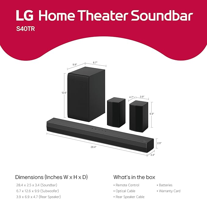 LG S40TR 4.1 ch. Home Theater Soundbar with Rear Surround Speakers and Wireless Subwoofer, Wow Interface, Dolby Audio, AI Sound Pro, 2024 Model, Amazon Exclusive