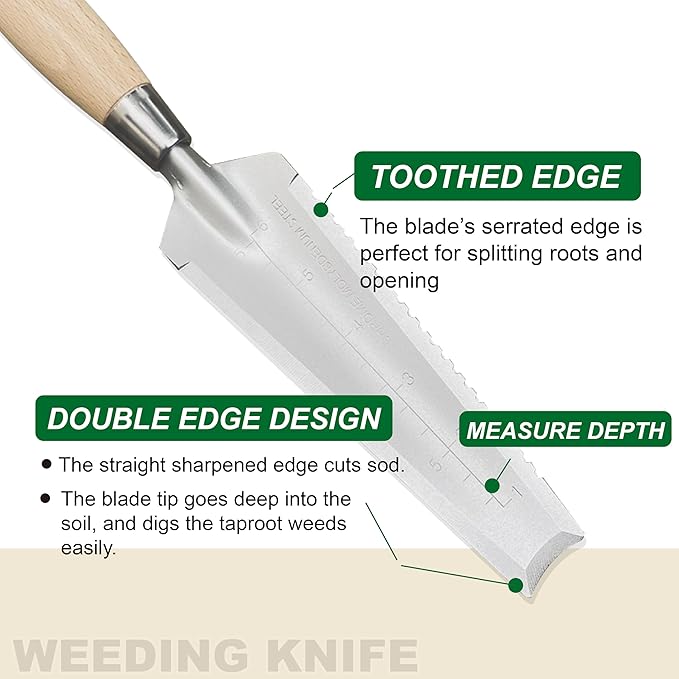 SUMIO 13.3" Alloy Steel Weeding Transplanter, Hori Hori Knife, Digging Trowel with Serrated Edge, Garden Root Cutter, and Dandelion Trowel for Propagation and Transplanting
