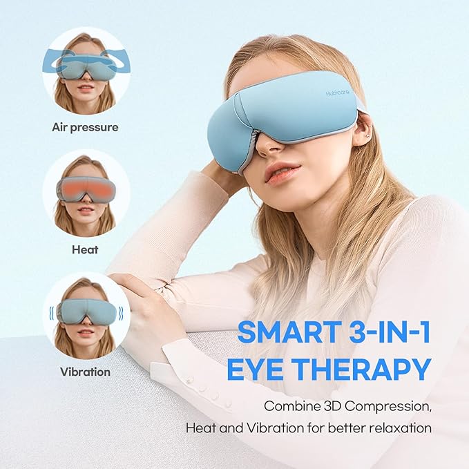 HubiCare Eye Massager with Heat, Vibration, and Music Helps Relieve Strain, Dark Circles, Dryness, and for Migraine Relief Relaxation and Better Sleep Gifts for Women/Men (Ice Blue)