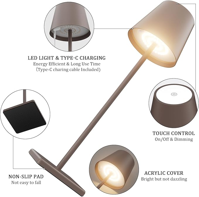 2 Packs LED Cordless Table Lamp, Rechargeable Battery Desk lamp 5500mAh Battery Operated Stepless Dimming Modern Portable Table Light for Restaurant/Table/Bedroom/Outdoor IP54 Waterproof (Rust Red)