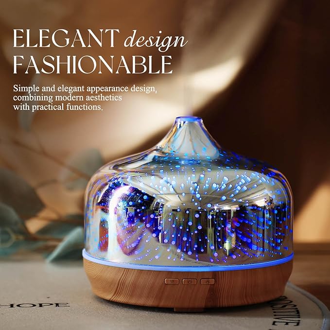 Porseme 500ml Essential Oil Diffuser 3D Glass Aromatherapy Ultrasonic Humidifier - Auto Shut-Off, Timer Setting, BPA Free for Home Hotel Yoga Gift