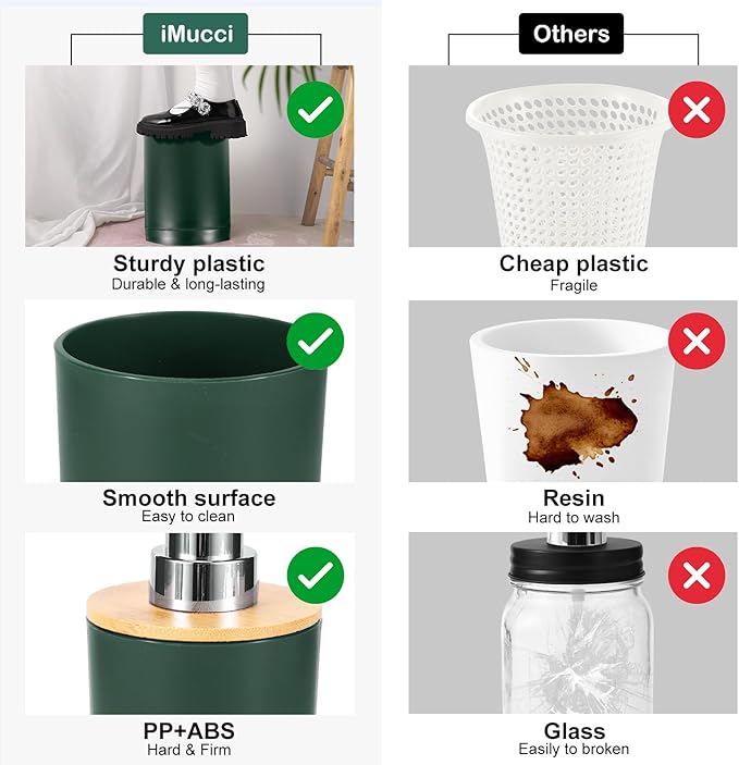 iMucci Bathroom Accessories Bathroom Set with Trash Can Toothbrush Holder Soap Dispenser Soap and Lotion Set Tumbler Cup(9Pcs Dark Green Wood Cover)