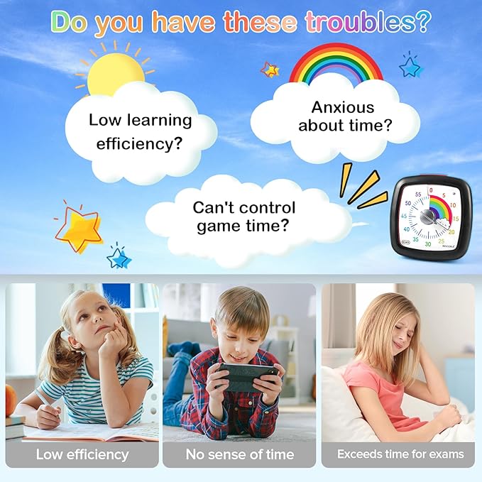 Secura 60-Minute Visual Timer, Silent Study Timer for Kids and Adults, Time Clocks, Time Management Countdown Timer for Teaching (Black & Cloud)