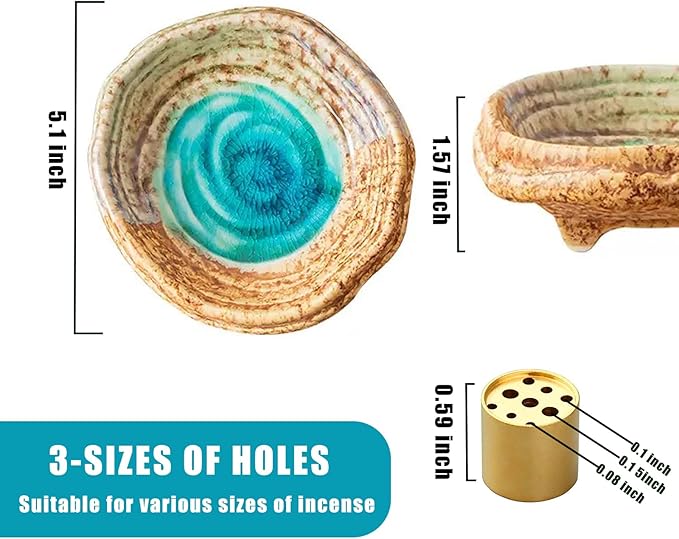 Ceramic Incense Burner Holder for Sticks, Handmade Palo Santo Holder, Incense Cone Dish Bowl for Coil, Sage Cones, Ash Catcher, Smudge Bowl for Yoga Meditation Room Décor