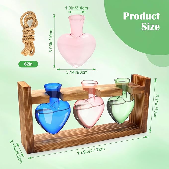 Plant Propagation Station, Propagation Vases for Plants with Wood Stand Heart Shape Glass Planters for Indoor Plants Gifts for Women Plant Lover with a Lanyard