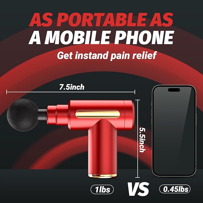 Massage Gun, Small Travel Tool, Massage Gun Deep Tissue,Percussion Handheld Portable Muscle Massager Tool for Full Body Pain Relief, Ideal Gifts for Men, Women(Red)