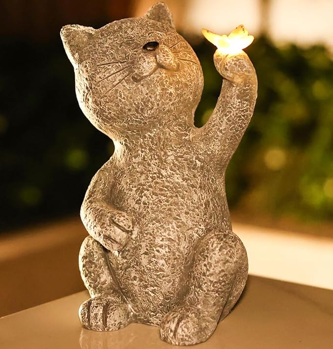 Solar Garden Statue Cat Garden Figurines Cat Garden Statue Outdoor Decor, Solar Powered Resin Sculpture with Butterfly Light Art Decoration for Patio Lawn Yard Porch, Housewarming Garden Gift