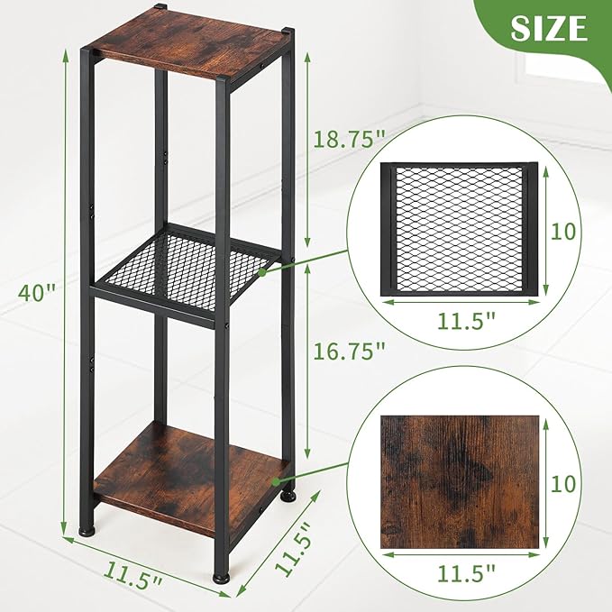 Extra Tall Plant Stand Indoor,40 Inch Plant Stands,3 Tier Metal Plant Stand with Heavy Duty Wood and Metal Mesh Shelf,Rustic Brown and Black