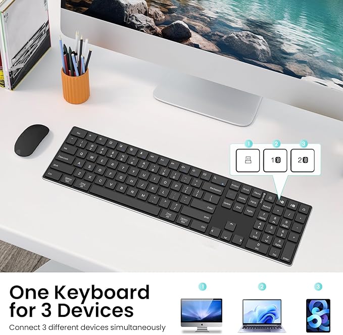 TIETI 2.4G Wireless Bluetooth Keyboard Rechargeable, Stainless Steel Ultra Slim Full Size Keyboard with Numeric Keypad Low Profile Silent Cordless Keyboards for Computer/Mac/Windows