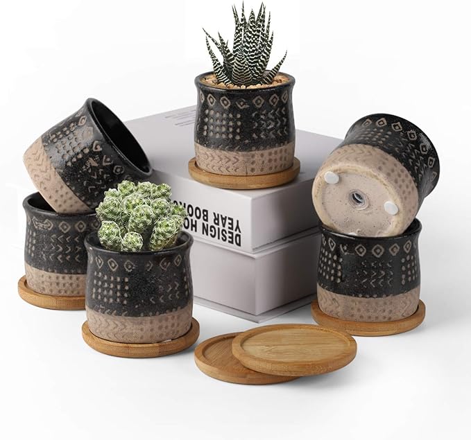 TAMAYKIM 2.75 Inch Mini Ceramic Succulent Plant Pots, Black Indoor Small Planter, Retro Elements Planter Pots with Saucer & Drainage Hole, for Cactus, Small Plants, Set of 6 (Plant Not Included)