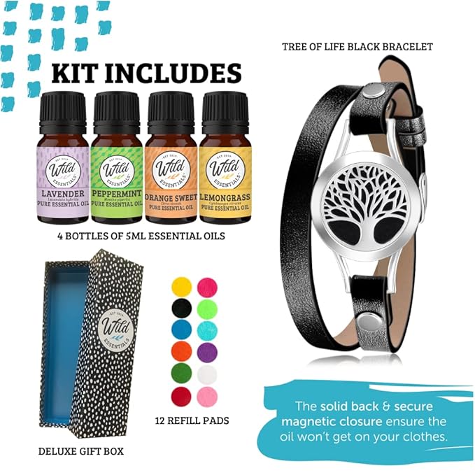 Wild Essentials Tree of Life Essential Oil Leather Wrap Bracelet Diffuser Kit, Gift Set, Lavender, Lemongrass, Peppermint, Orange Oils, 12 Pads, Customizable Color Changing Perfume Jewelry, Black