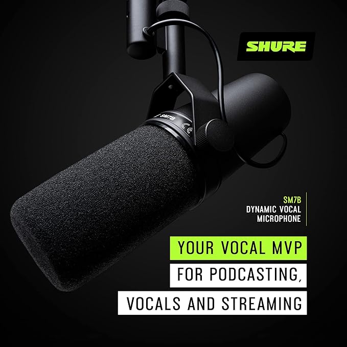 Shure SM7B Vocal Dynamic Microphone – XLR Studio Mic for Podcasting, Recording, Broadcasting, Streaming & Gaming – Smooth, Warm Sound, Rugged Build, Detachable Windscreen, Wide Frequency Range, Black