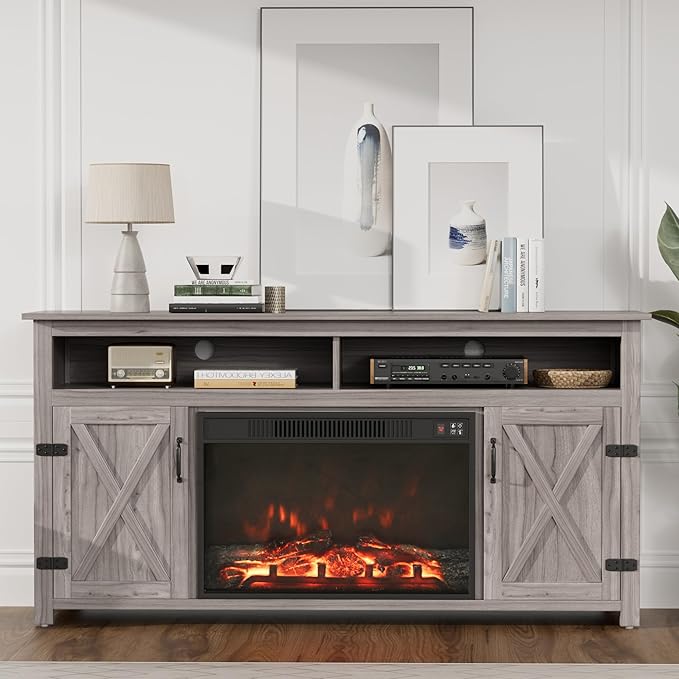 JUMMICO Fireplace TV Stand for TVs Up to 65+ Inch Entertainment Center with Open Storage Shelves and Side Cabinets, Media Console Table with Barn Doors for Living Room (Grey)