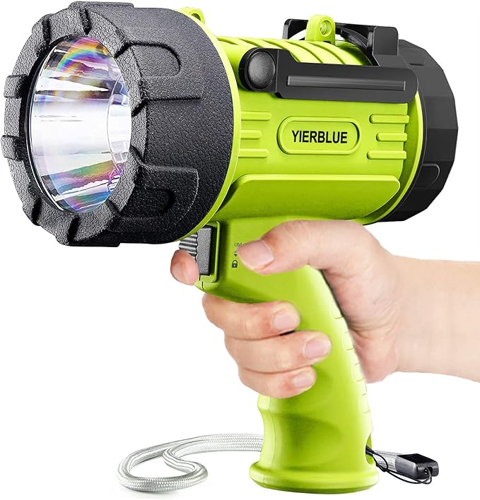 YIERBLUE Rechargeable Spotlight Flashlight with Super High High Lumen LED, IP67 Waterproof Long Running Spot Light searchlight, Impact Resistant Handheld Spotlight with Foldable Stand and Red Lens