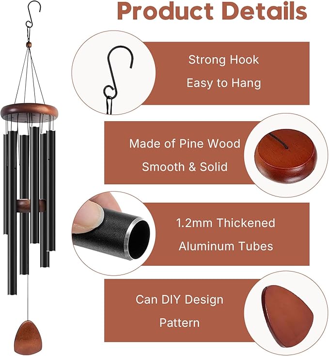 Aluminum Wind Chimes for Outdoor Garden and Yard with Soothing Deep Tones, Creates a Peaceful Ambiance with Sophisticated Wind Catcher, Ideal Calming Gift for Families (Black, 37 Inches)