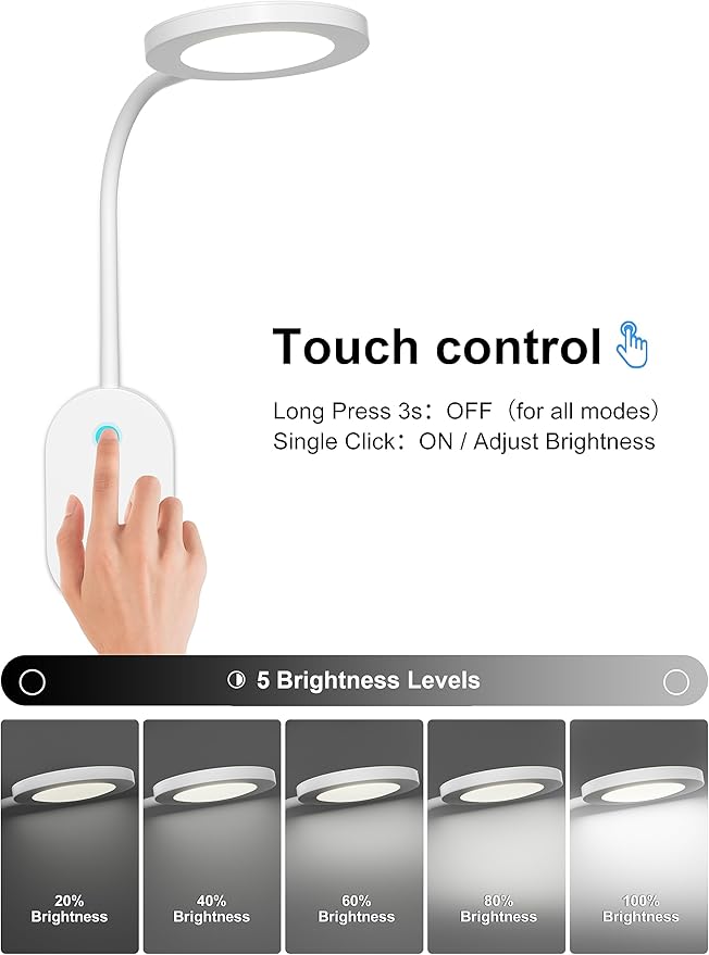 deeloop Wall Mounted Reading Light,Book Lights with USB Output, Reading Lamps for Bed Headboard in 4 Hours Auto-Off, Touch Control Wall Lamp with 5 Dimmable Flexible Gooseneck Bedside Lamps White