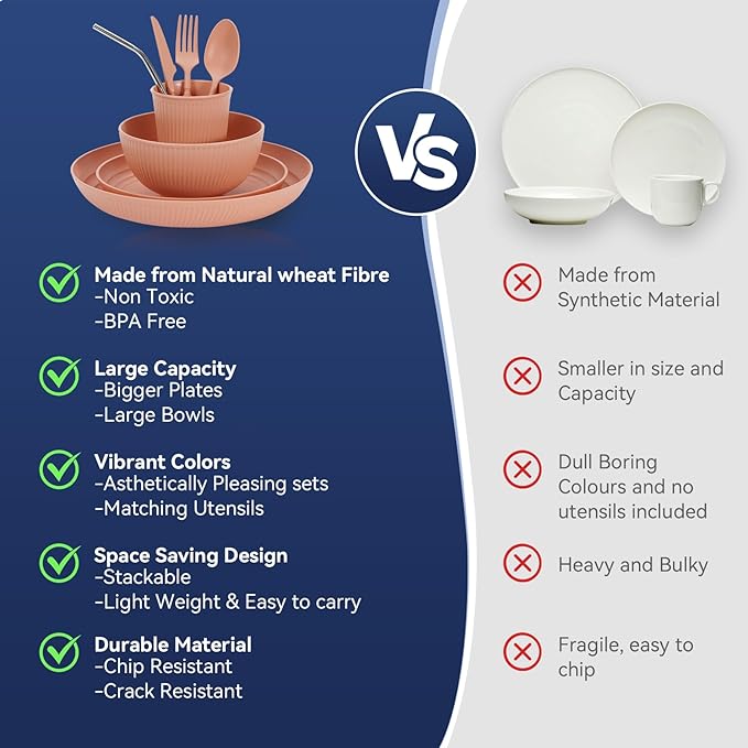 Wheat Straw Dinnerware Sets,64-Piece Plates and Bowls Sets for 8-Unbreakable,Reusable Plastic Dish Set-Dinner Plate/Dessert Plate/Cereal Bowl/Cup/Utensils-Microwavable Dishwasher Safe 64P-Deep Gray