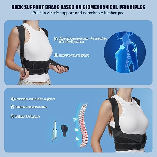Back Brace Posture Corrector for Women and Men, Black, Adjustable Support with Removable Lumbar Pad, Shoulder and Back Straightener for Pain Relief, Spine Alignment (Large)