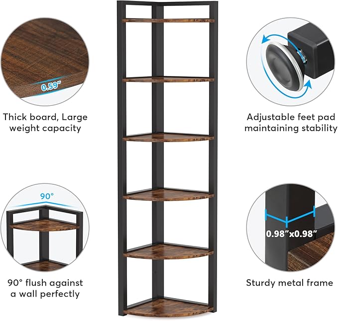Tribesigns 6 Tier Corner Shelf, 70.9 Inch Tall Corner Bookshelf Small Bookcase Rustic Corner Shelving Unit Storage Rack for Living Room, Home Office, Kitchen, Small Space