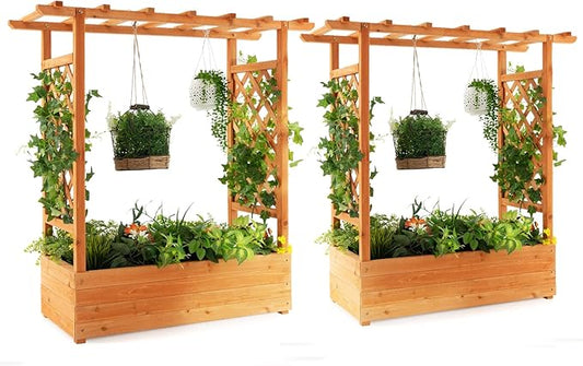 MAT EXPERT Raised Garden Bed with Trellis & Hanging Roof, Lattice Panel with Drainage Hole for Flower, Climbing Plant, Herb, Planter Box for Garden, Patio, Yard (2, 43.5" x 17.5" x 44" (L x W x H))