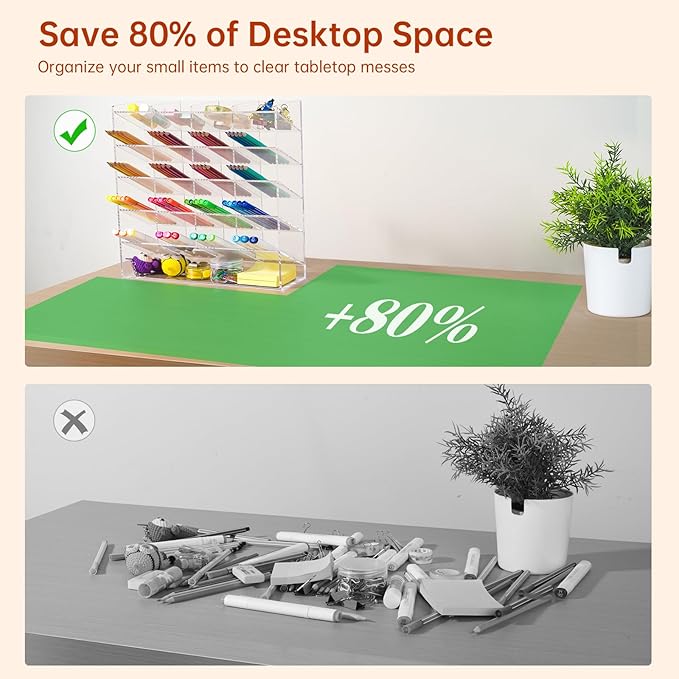 BEYGORM Acrylic Vertical Marker Organizer for 250 Markers with 21 Compartments, Clear Angled Pen & Pencil Holder, Large Desk Stationery & Art Supply Storage for Office & School (13 x 12.5 x 4 Inch)