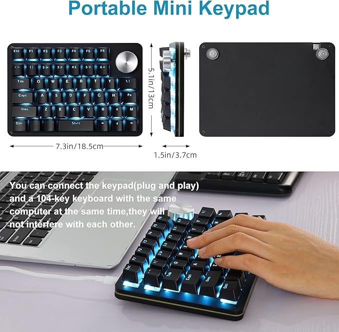 Koolertron One Handed Mechanical Gaming Keyboard with 24 Macro Keys, 45-Key Fully Programmable Mini Keypad, Blue Backlit/Red Switches for Windows PC Gamers