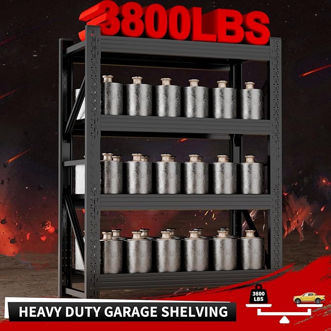 Kobito 3800LBS Garage Storage Shelves, 47" W Garage Shelving Heavy Duty Adjustable Shelving Unit, 4 Tier Metal Utitly Shelves Industrial Shelving for Warehouses,Basement,Black