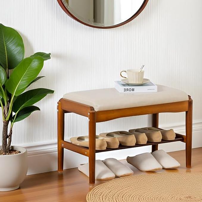 latifolia Small Shoe Bench, Solid Wood Bench with Cushion, 2 Tier Shoe Storage Organizer for Entryway(Walnut,23.62''L)