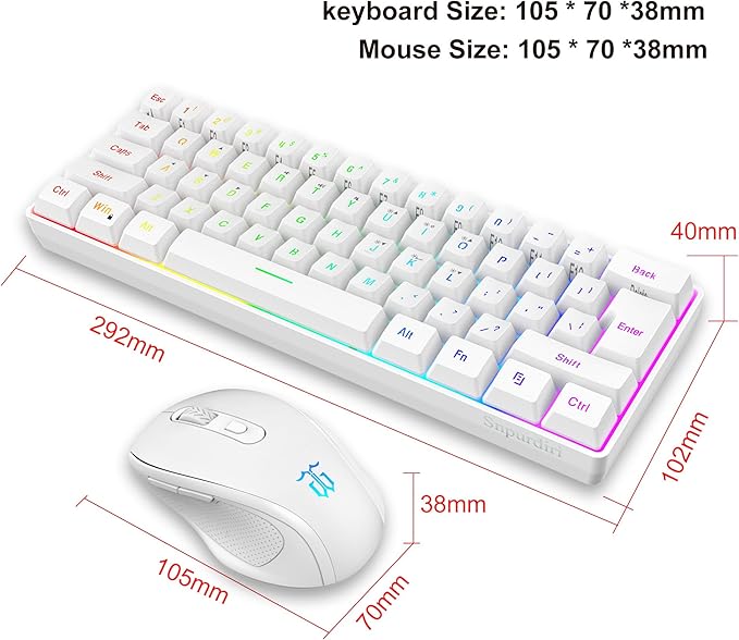 Snpurdiri 2.4G Wireless Gaming Keyboard and Mouse Combo, Include Small 60% Merchanical Feel Ergonomic Design Mini Wireless Mouse(White)