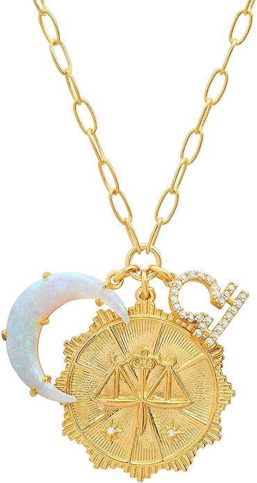 Gold Zodiac Sign Embossed Coin Opal Crescent Moon Charm Necklace for Women Trendy 18K Gold Plated Retro Paperclip Chain 12 Constellation Horoscope Necklaces Astrology Jewelry Gifts